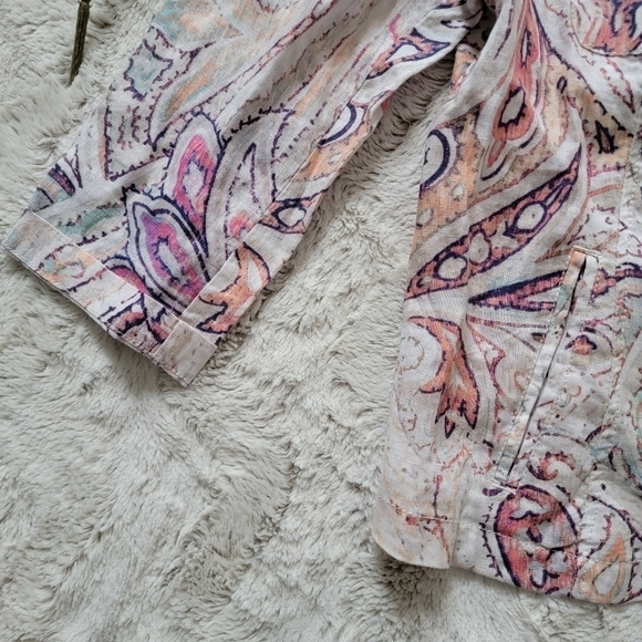 ✨CL Chico's 100% Linen Paisley Pastel Color Print Full Zip 3/4 Sleeve Blazer 0 - Picture 5 of 13